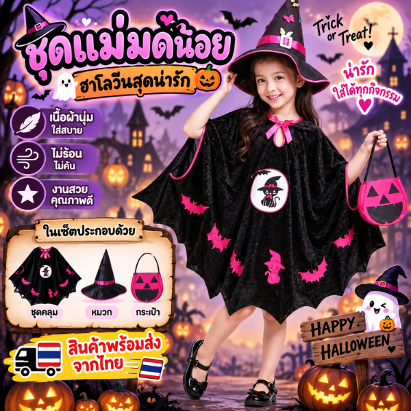 ชุดแม่มดน้อยเด็กผู้หญิง ชุด+หมวก+กระเป๋าฟักทอง คอสเพลย์แม่มด สีชมพูน่ารัก พร้อมส่งจากประเทศไทย