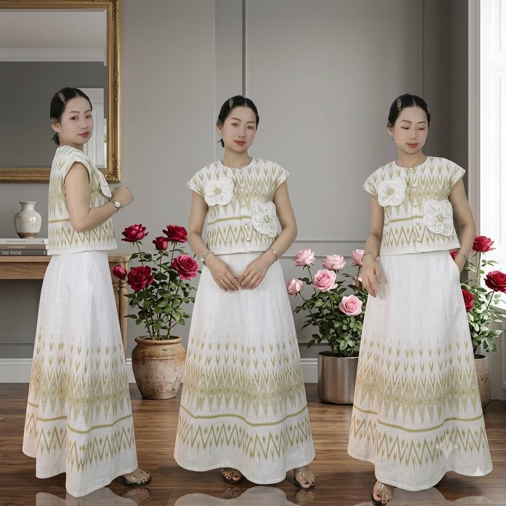 KIK PH FAI .เสื้อคอกลมแขนลํ้า+กระโปรงต่อย้วย8ชื้น(ซิปหลังมีกระเป๋า2ข้าง