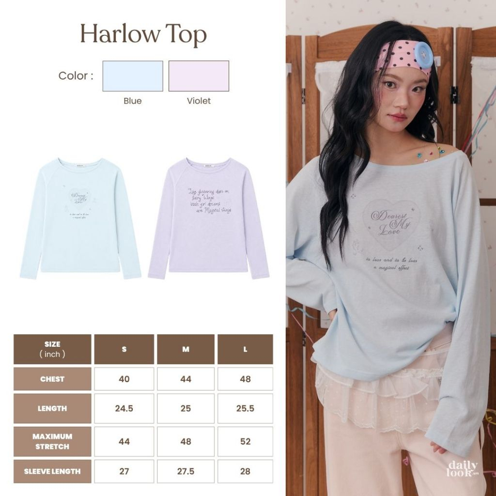 DAILYLOOK.SM --- Harlow top เสื้อแขนยาวผ้ายืด คอเสื้อแบบปาด ดีเทลสกรีนลายน่ารักๆ
