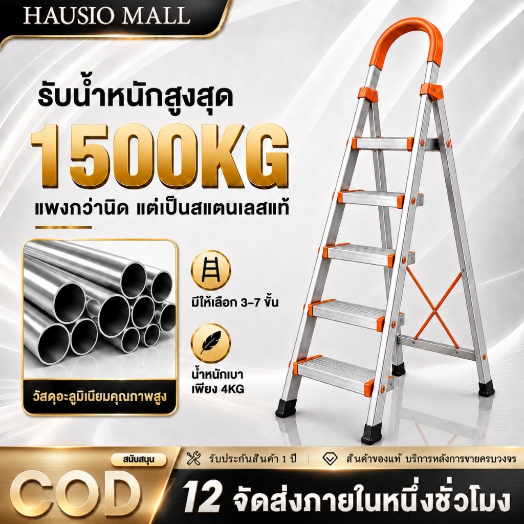 บันได บันไดสแตนเลสพับได้ บันไดอลูมิเนียม บรรไดพับได้ รับน้ำหนัก 1500KG แข็งแรง กันลื่น พับเก็บง่าย สำหรับบ้าน