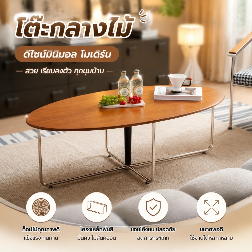 COD Bauhaus style โต๊ะกาแฟรูปวงรี ตัวยึดสแตนเลสแบบมินิมอล เหมาะสำหรับร้านกาแฟและห้องนั่งเล่นในบ้าน