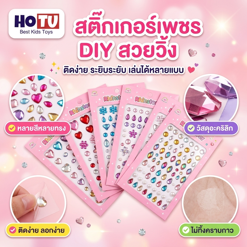 สติกเกอร์คริสตัล 3 มิติ HOTU Toy, สติกเกอร์งานฝีมือ DIY, กาวในตัว, อเนกประสงค์, เหมาะสำหรับตกแต่งใบหน้า
