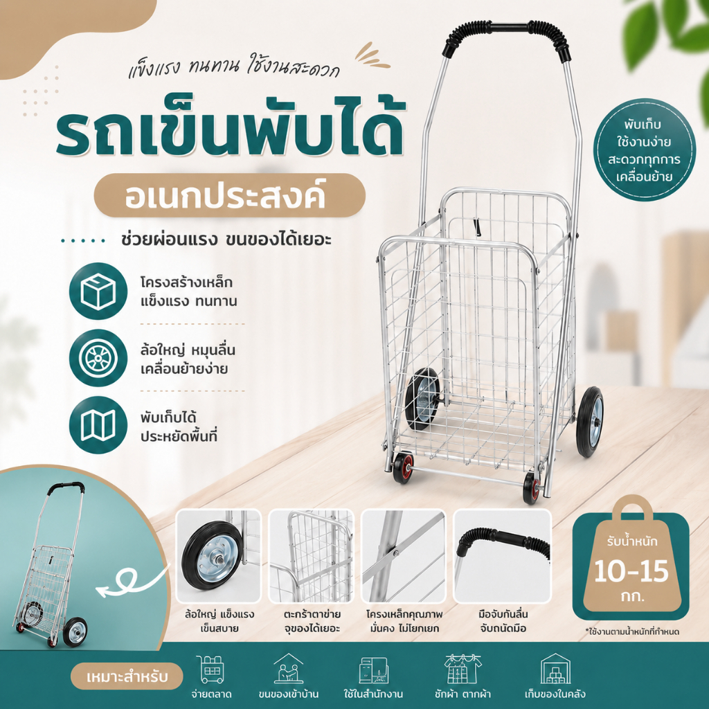 พร้อมส่ง!!รถเข็นจ่ายตลาด รถตะกร้าเข็นของพับเก็บได้ รถเข็นของช้อปปิ้ง