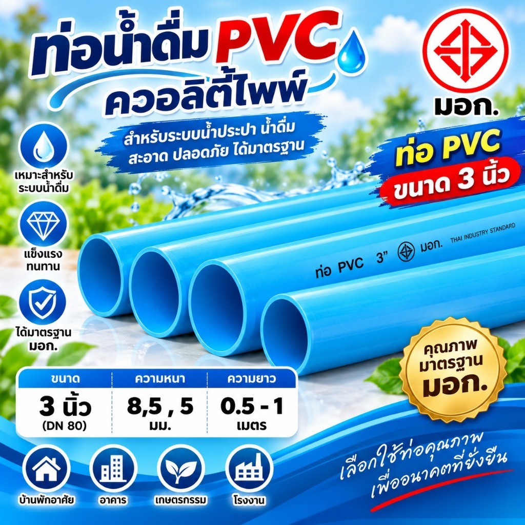 3นิ้ว ท่อ PVC (ความยาว 0.5-1 เมตร) ขนาด 3 นิ้ว หนา 8.5, 5 ตราควอลิตี้ไพพ์ ท่อประปา ท่อน้ำ พีวีซี