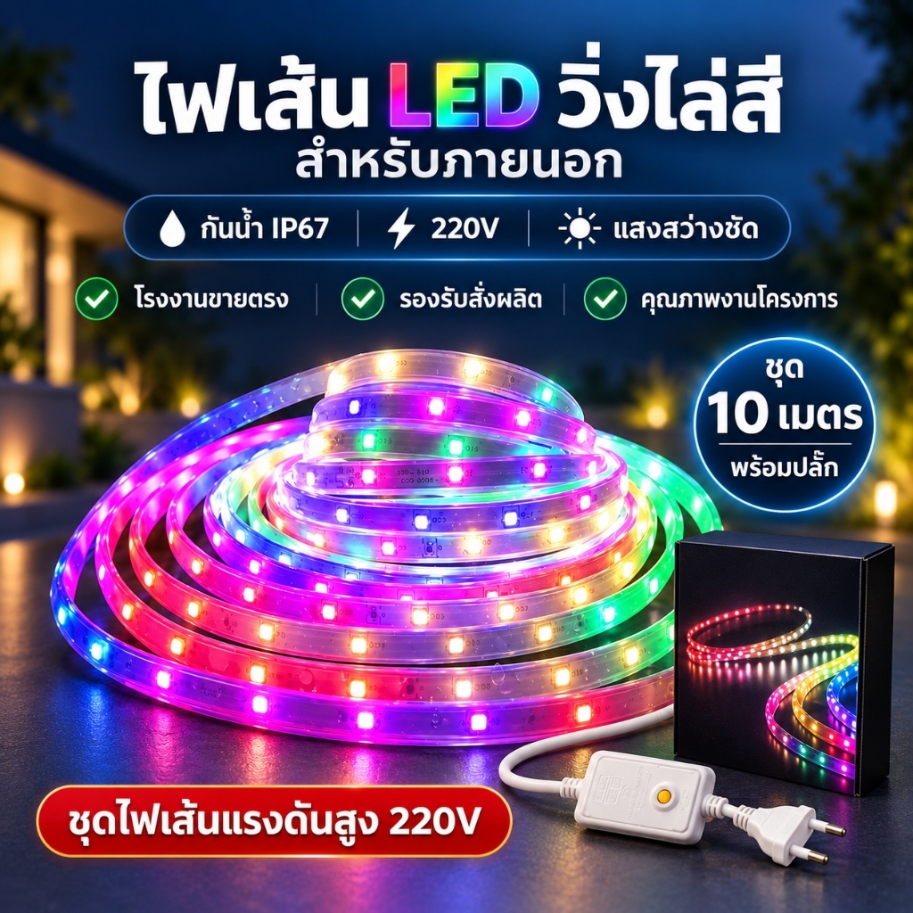 ไฟนีออน LED RGB วิ่งไล่สี 30+ โหมด กันน้ำ IP67 ยาว 5M/10M/15M/20M ดัดโค้งง่าย ปลอดภัยลดความเสี่ยงไฟดูด สำหรับตกแต่งบ้าน