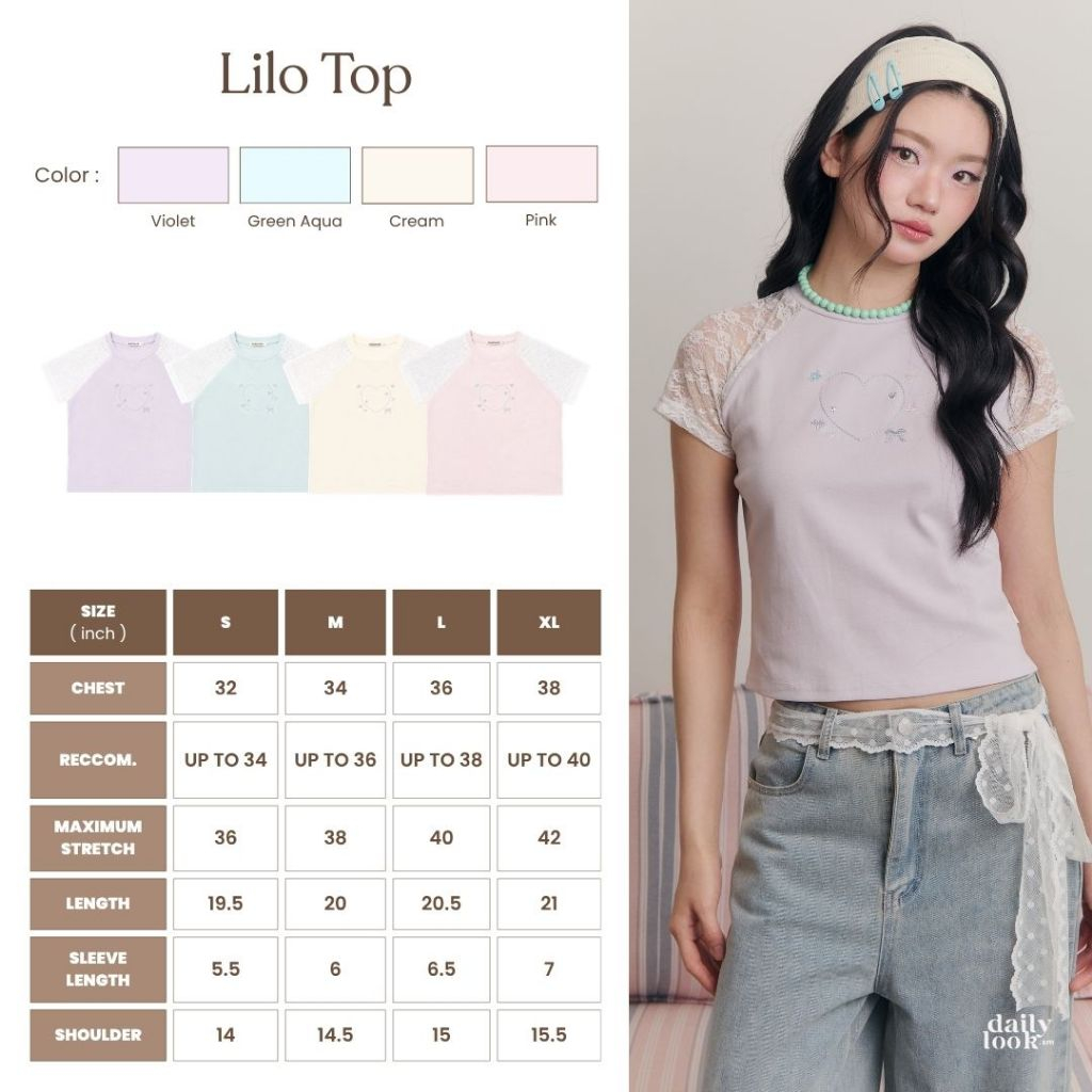 DAILYLOOK.SM --- Lilo top เสื้อยืดทรงพอดีตัว ดีเทลแขนเสื้อผ้าลูกไม้ซีทรู