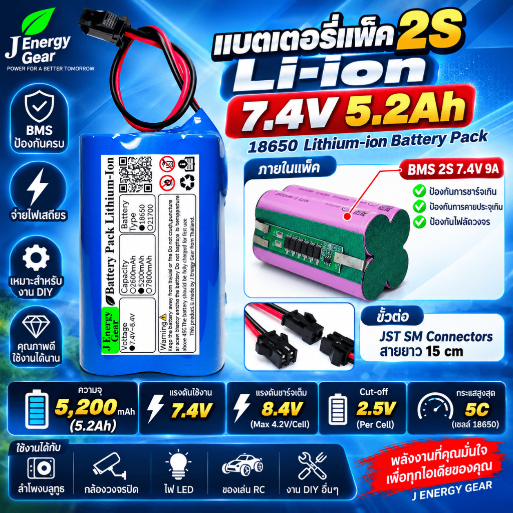 แบตเตอรี่ 18650 Pack 7.4v-(8.4v) 2600mAh~5200mAh พร้อมบอร์ดป้องกัน+สายไฟ หัวโมเลค 2 Pin [JST SM Connector]
