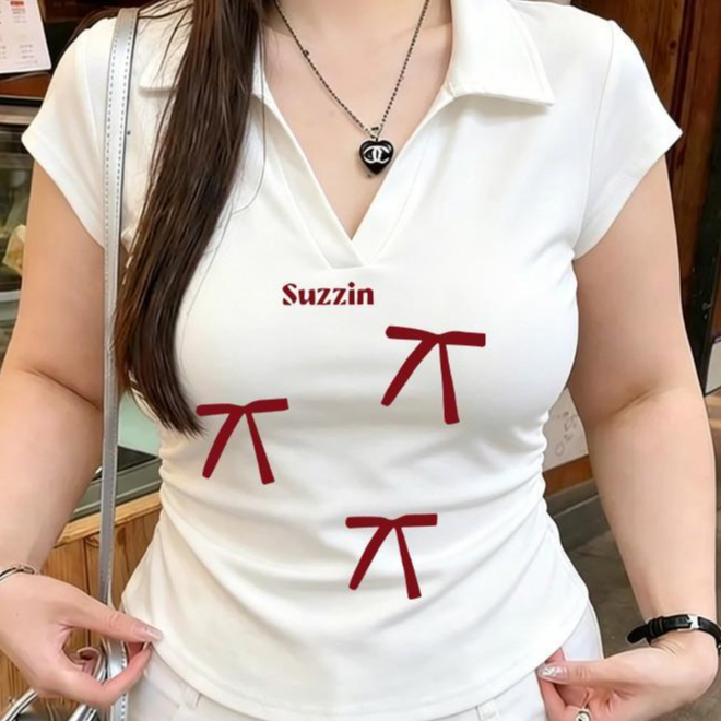 เสื้อทรงซ้อ เสื้อครอปสาวอวบ เสื้อยืดผู้หญิงทรงสลิม เสื้อเชิ้ตโบว์ เสื้อเชิ้ตโบว์ เสื้อยืดทรงจีบธรรมดาสำหรับผู้หญิง สบายๆ