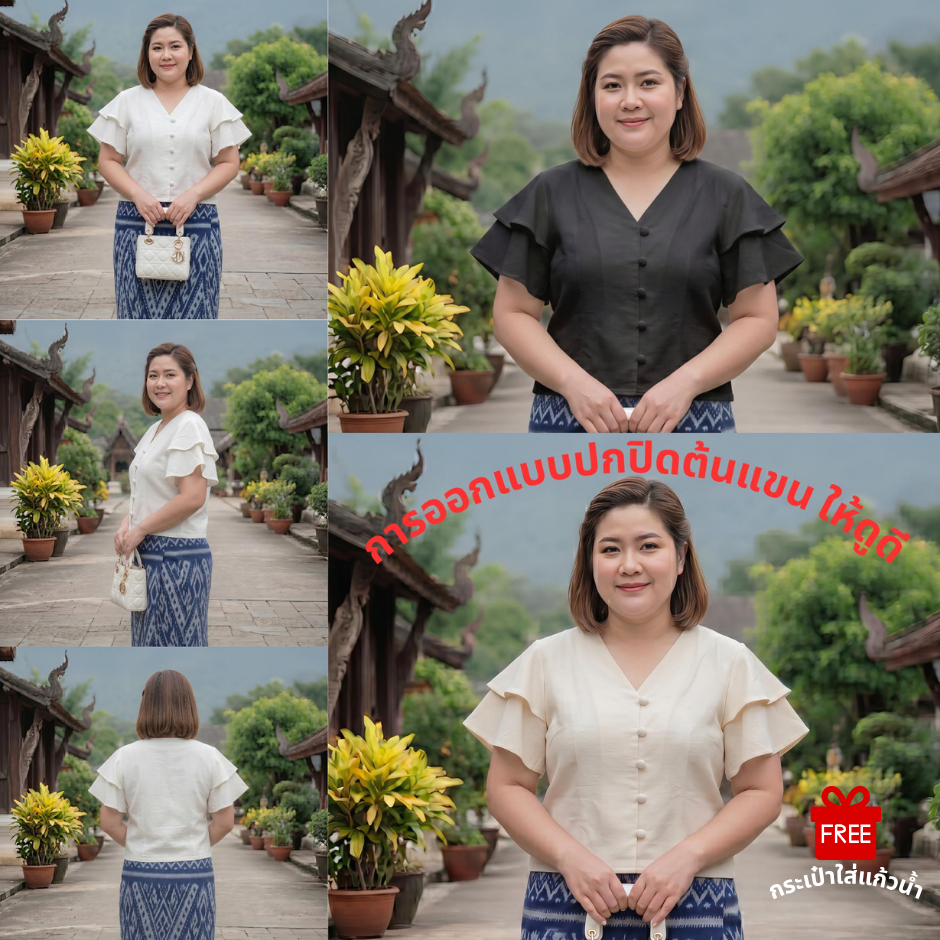 เสื้อพื้นเมืองผู้หญิง แขนระบาย2ชั้น ผ้าฝ้ายเกรดA เนื้อนุ่มใส่สบาย แถมฟรีกระเป๋าใส่แก้วน้ำ!!