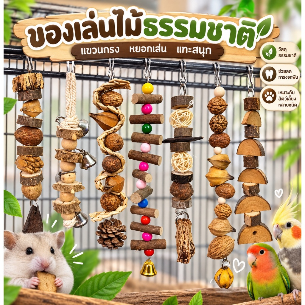 ของเล่นแทะแขวนกรง ของเล่นนก หนูแฮมสเตอร์ ชินชิล่า กระรอก ของเล่นไม้ธรรมชาติ ของเล่นลับฟัน โมบาย มีหลายแบบ