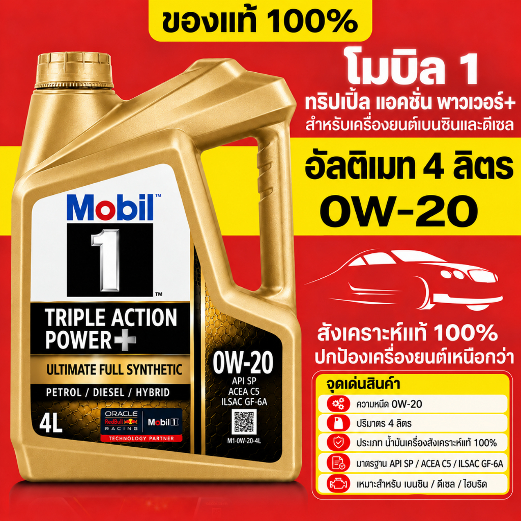 MOBIL 1 น้ำมันเครื่องเบนซิน โมบิล MOBIL 1 0W-20 Triple Action Power+ สังเคราะห์แท้ 100% เลือกขนาด 4 