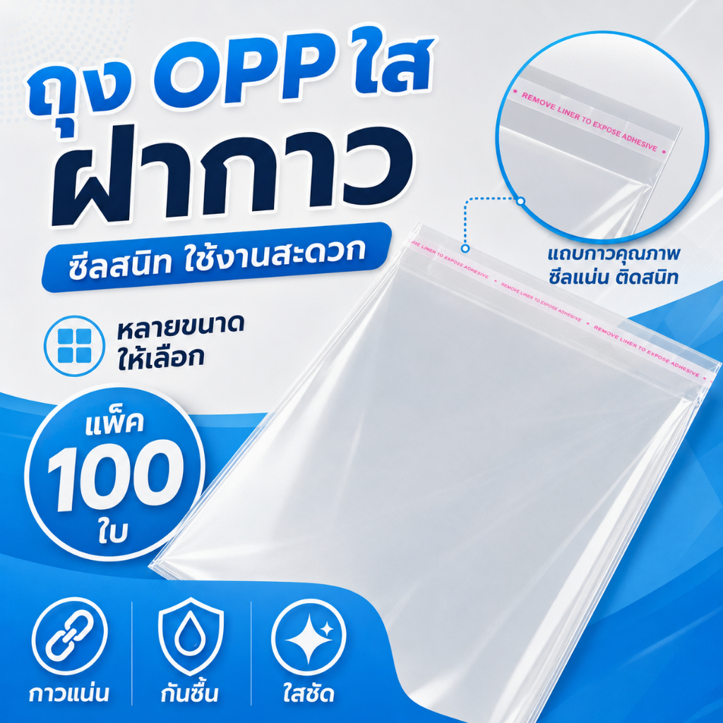 ถุงแก้ว OPP ฝากาวในตัว 100ใบ ซองใสแพ็กของ หลายไซซ์ พร้อมส่งเร็ว