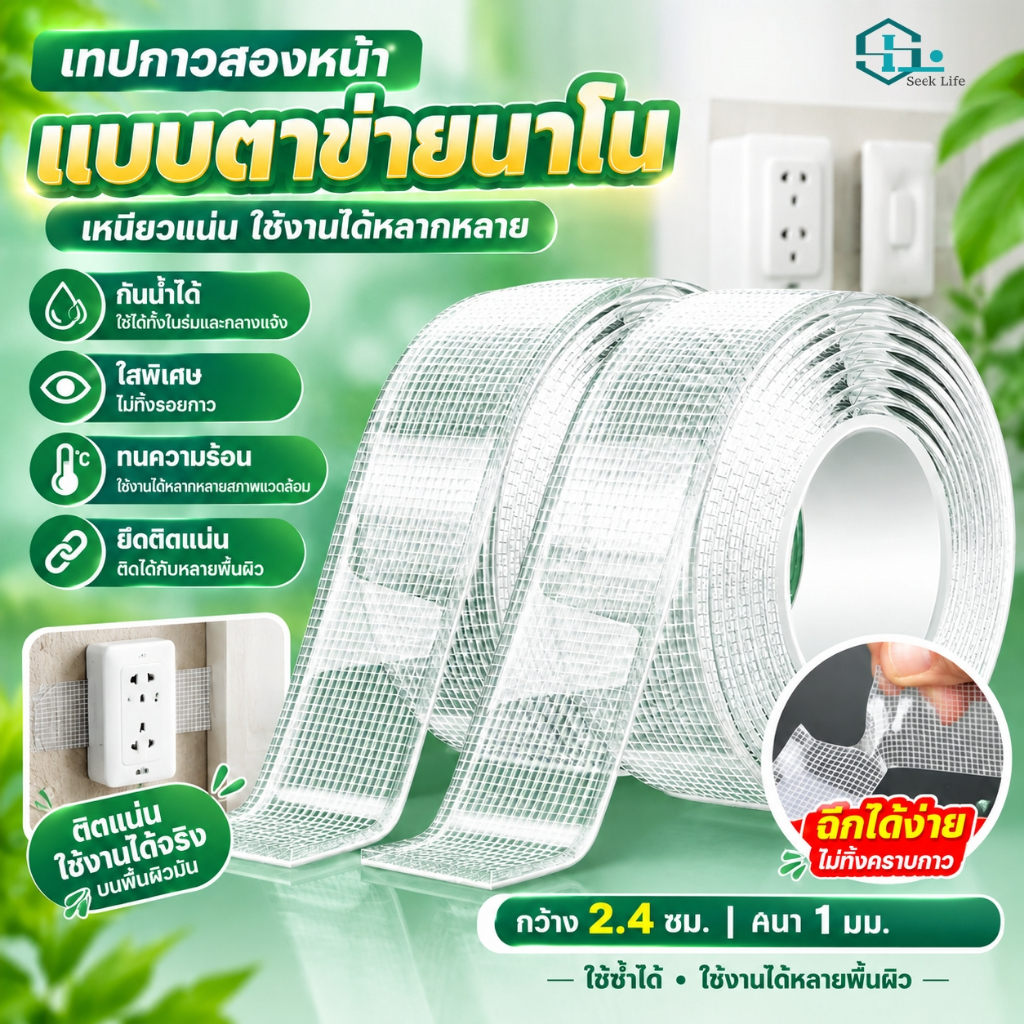 เทปนาโนตาข่ายไฟเบอร์ เทปกาวสองหน้าใส ไม่ทิ้งคราบ กันน้ำทนความร้อน ติดอุปกรณ์บ้าน ห้องน้ำ รถยนต์