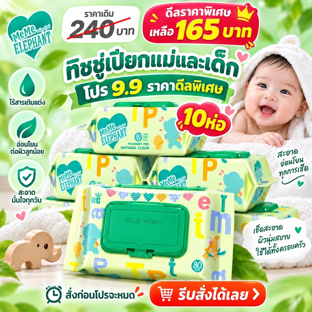 ทิชชู่เปียก Baby Wipes ผ้าฝ้ายนุ่ม ทิชชู่ 10ห่อ ไม่ระคายเคือง สำหรับผิวเด็กแรกเกิด สูตรอ่อนโยน