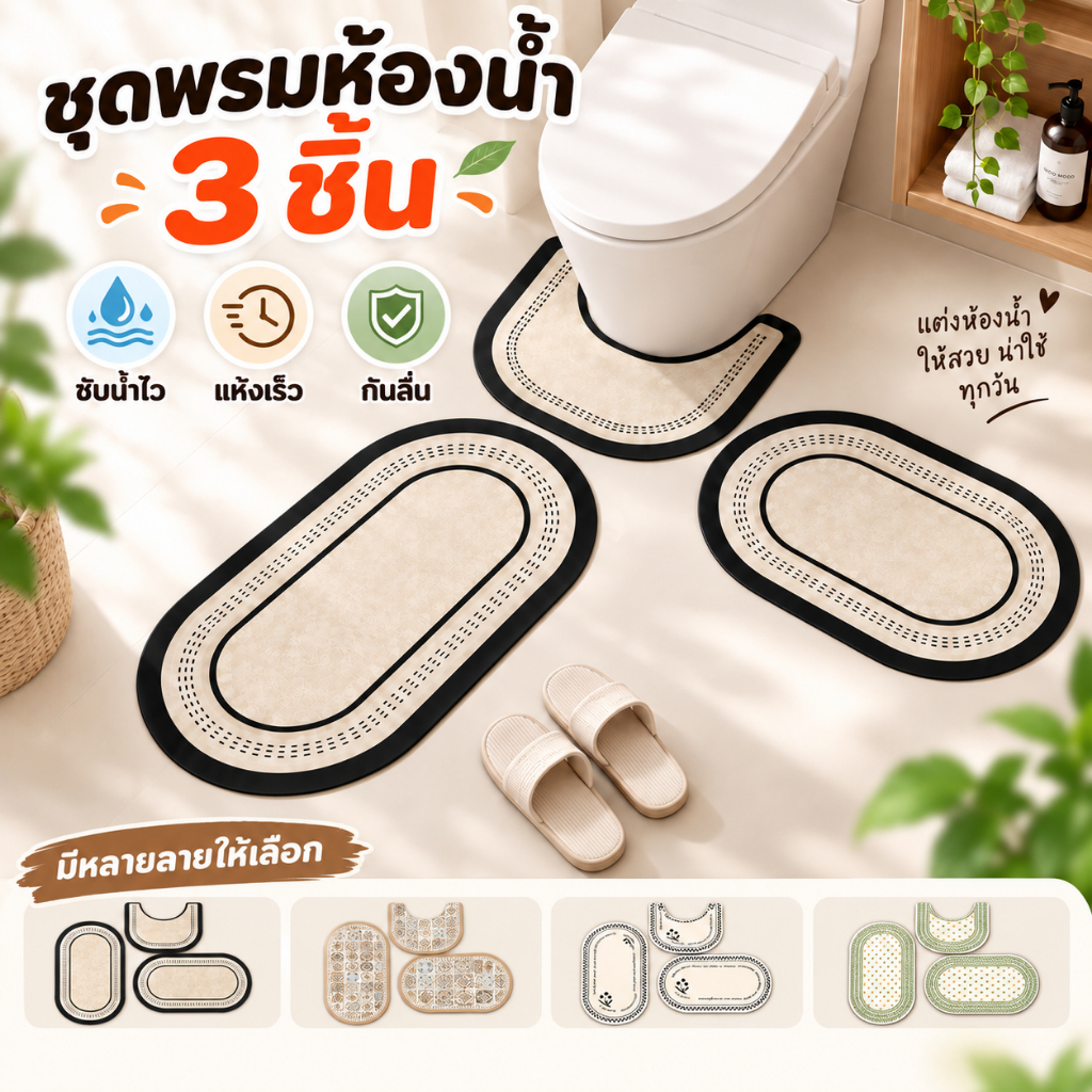 🛁  ชุดพรมห้องน้ำ 3 ชิ้น พรมเช็ดเท้าซับน้ำเร็ว แห้งไว กันลื่น ล้างง่าย นุ่มสบายเท้า