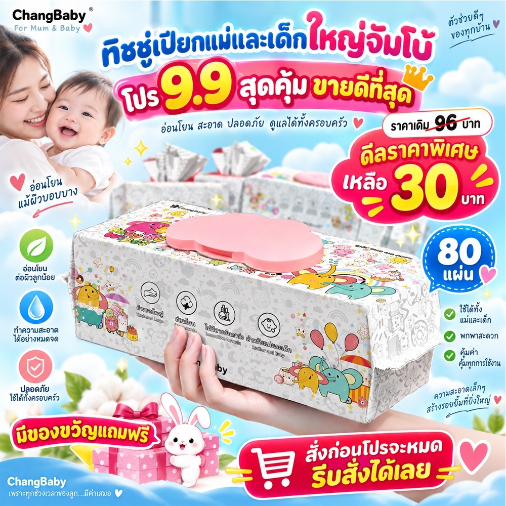 ทิชชู่เปียกแผ่นใหญ่ ผ้าฝ้าย100%ทั้งใหญ่ทั้งหนาเด็กทารกผู้ใหญ่คนชราใช้ได้ทิชชู่เปียกใหญ่จัมโบ้ 80แผ่น