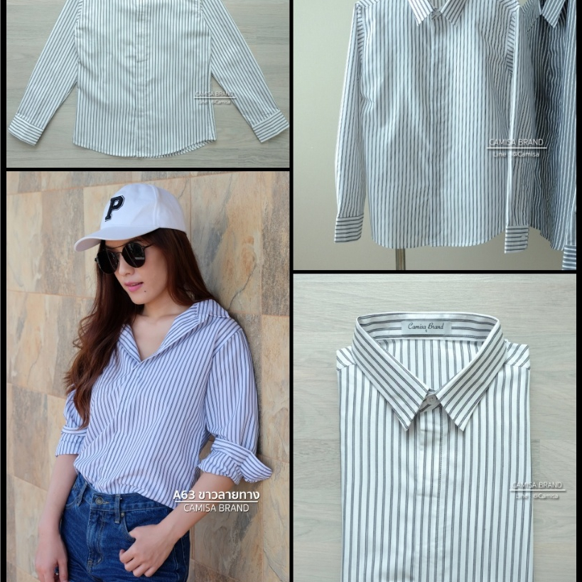 (A63 ขาวลายทาง-รุ่นซ่อนกระดุม) ผ้าCotton เสื้อทำงาน เสื้อใส่เที่ยว