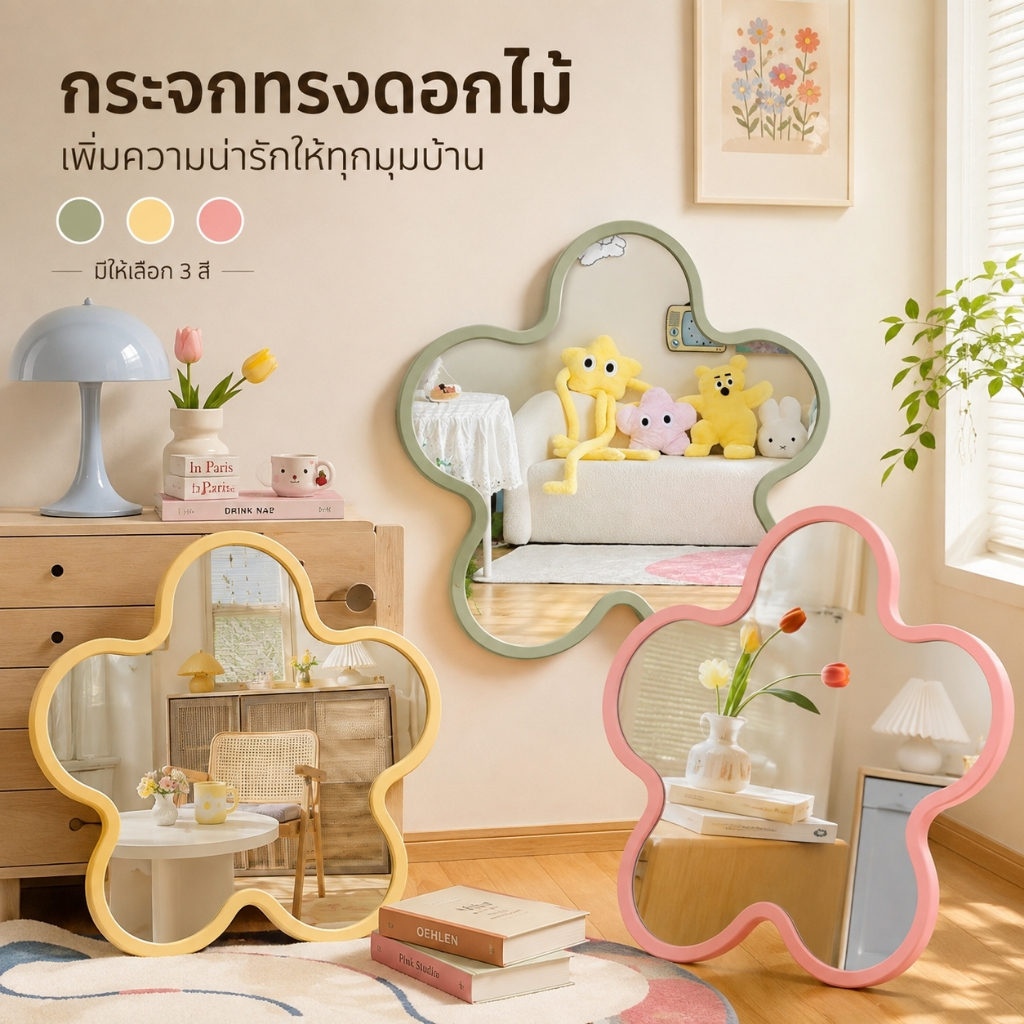 กระจกดอกไม้ 30x30 กระจกตั้งโต๊ะทรงดอกไม้ กระจกแต่งหน้าอะคริลิค ดีไซน์โค้งมน สีพาสเทล กระจกตกแต่งห้องนอน โต๊ะเครื่องแป้ง