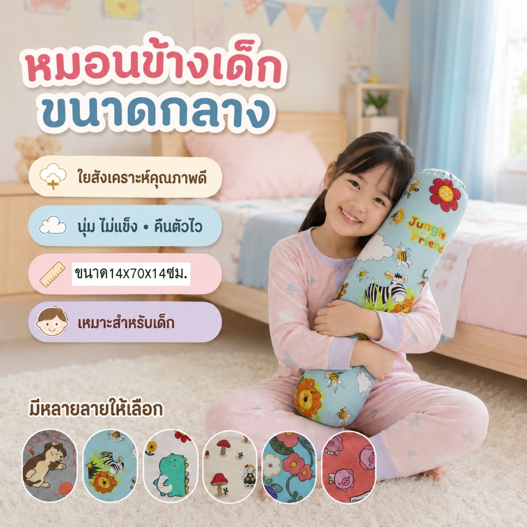 หมอนข้างสำหรับเด็กใยสังเคราะห์ ขนาด14x70x14ซม.