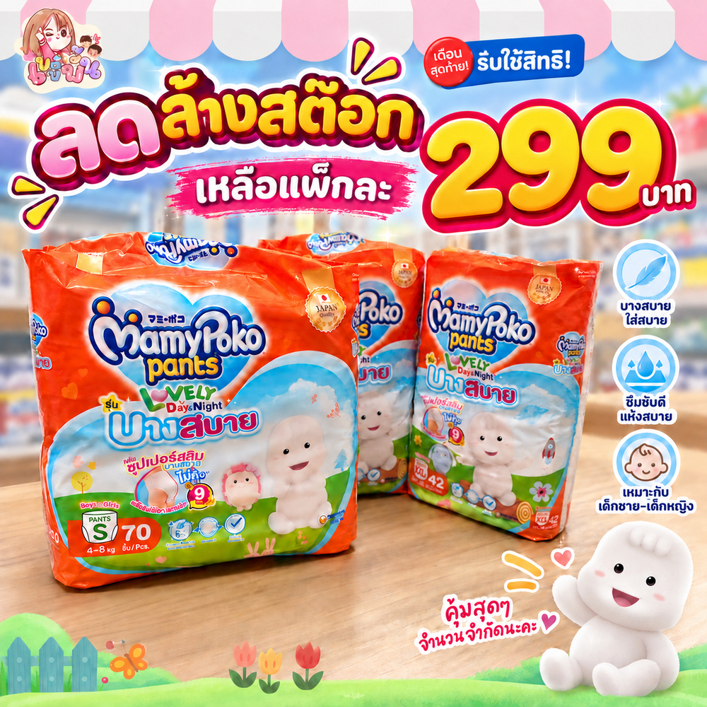 [1แพ็ค]MamyPoko Pants Lovely D&N Comfortably Thin มามี่โพโค กางเกงผ้าอ้อมเด็ก เลิฟลี่เดย์แอนด์ไนท์ บางสบาย ไซส์ S-XXL
