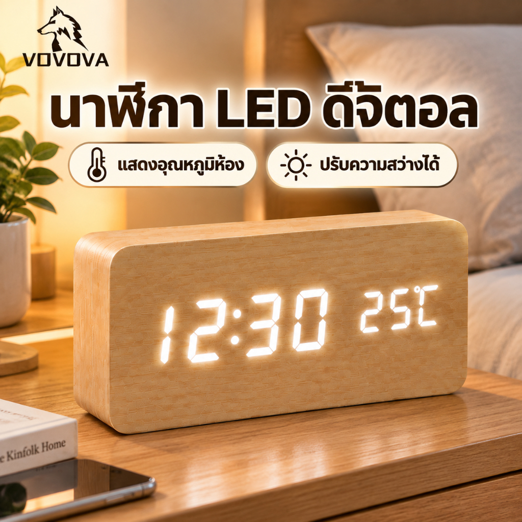 VOVOVA นาฬิกาปลุก ดิจิตอล ลายไม้ มินิมอล บอกอุณหภูมิ ตั้งโต๊ะ นาฬิกาตื่นด้วยเสียง (ส่งจากไทย)