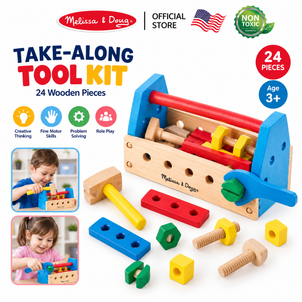 Melissa & Doug Take Along Construction Tool Kit กล่องเครื่องมือช่าง ของเล่นช่าง พกพา กล้ามเนื้อมัดเล็ก(ของแท้ USA)