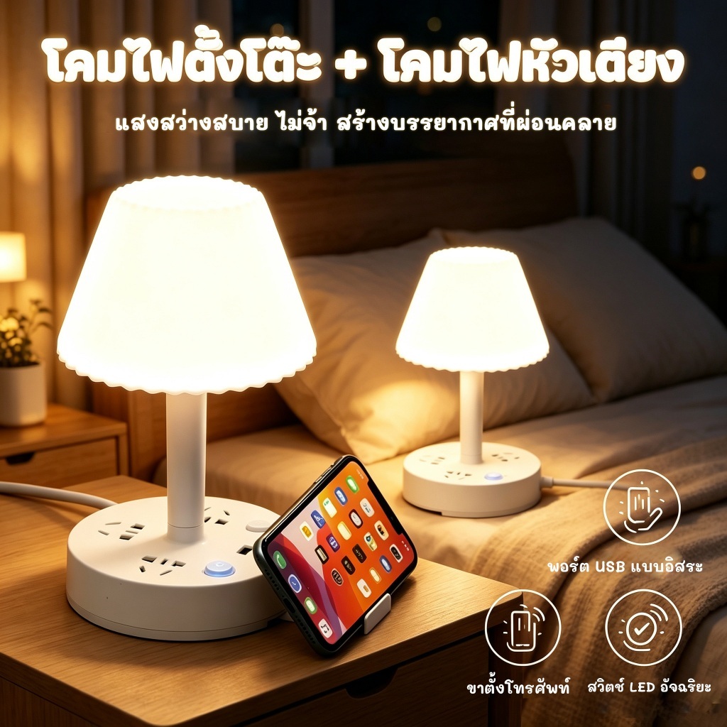 จัดส่งจากกรุงเทพฯ โคมไฟหัวเตียง LED มีพอร์ต USB และที่วางโทรศัพท์ โคมไฟตั้งโต๊ะ สำหรับห้องนอน