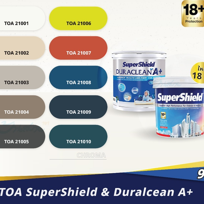 TOA สีทาบ้าน เฉดสี 21001 SuperShield,Duraclean A+ กึ่งเงา 9 ลิตร สีทาภายนอก สีทาภายใน จับคู่ลงตัว เก