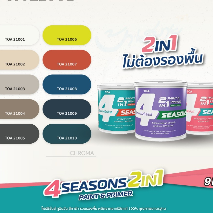 TOA สีทาบ้าน เฉดสี 21001 ผสมรองพื้น โฟร์ซีซั่นส์ 2in1 ขนาด 9 ลิตร เปิดฝาทาได้เลย สีทาภายนอก ภายใน