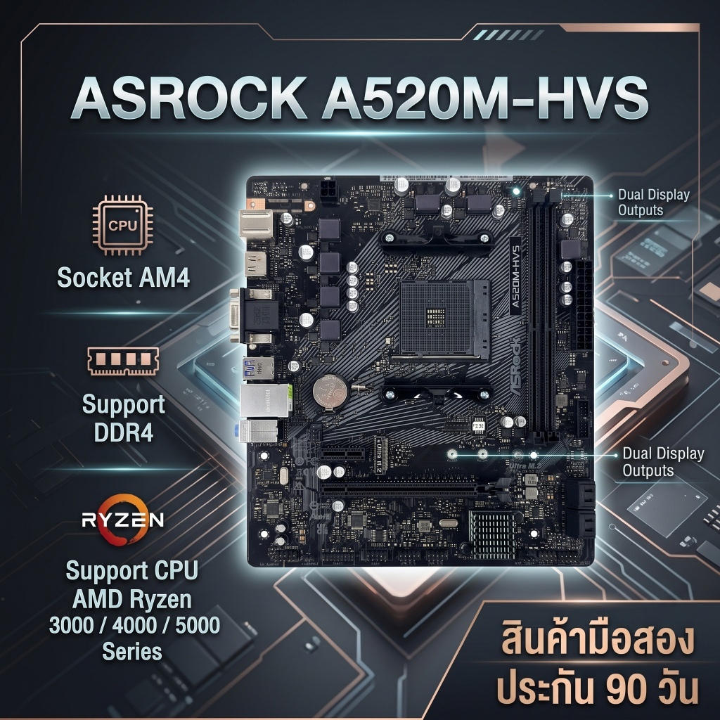 [มือสอง] เมนบอร์ด ASRock A520M-HVS ซ็อกเก็ต AM4 รองรับ Ryzen 3000/4000/5000 (ประกัน 90 วัน)