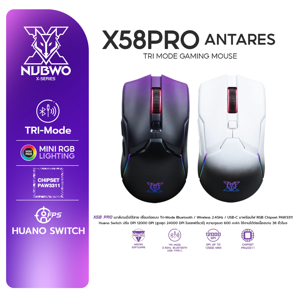 Nubwo เมาส์เกมมิ่ง Tri Mode Gaming Mouse รุ่น X58 PRO เชื่อมต่อ 3 แบบ USB-C/2.4GHz/Bluetooth ปรับ DP