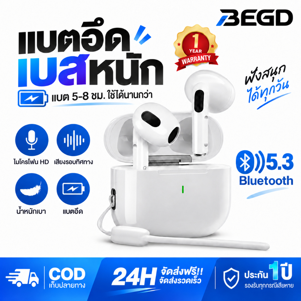 BEGD หูฟังไร้สาย รุ่นอัพเกรด A6 Pro หูฟัง Bluetooth หูฟังบลูทูธ 5.3 พร้อมไมโครโฟนในตัว เสียงดี IPX5 ลดเสียงรบกวน