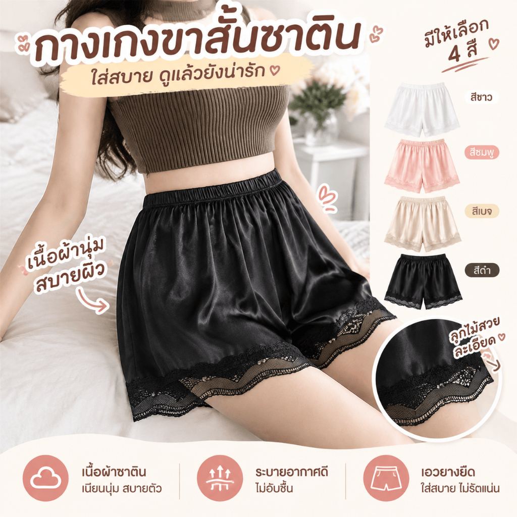 กางเกงขาสั้น ใส่นอน ผ้าซาติน ใส่สบาย ปลายขาแต่งลูกไม้ กางเกงซับใน เอวยืด สวมใส่ได้ที่บ้าน