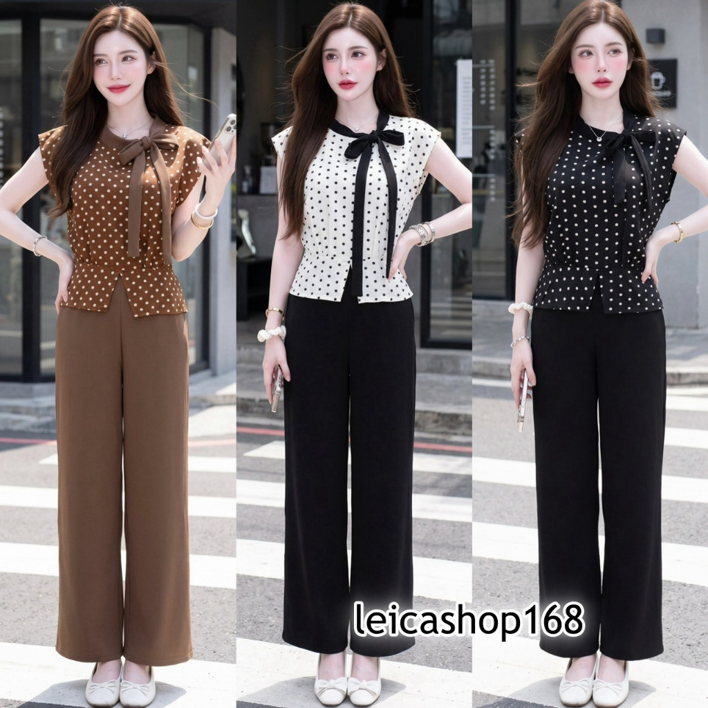 สินค้าพร้อมส่ง ชุดเซตยาว(เรียกสีเสื้อ)เสื้อผ้าไหมอิตาลี(Polka Dot)แขนล้ำ ผูกโบว์คอ ซิปข้าง+กางเกงเอวเรียบสม็อคหลัง A8674
