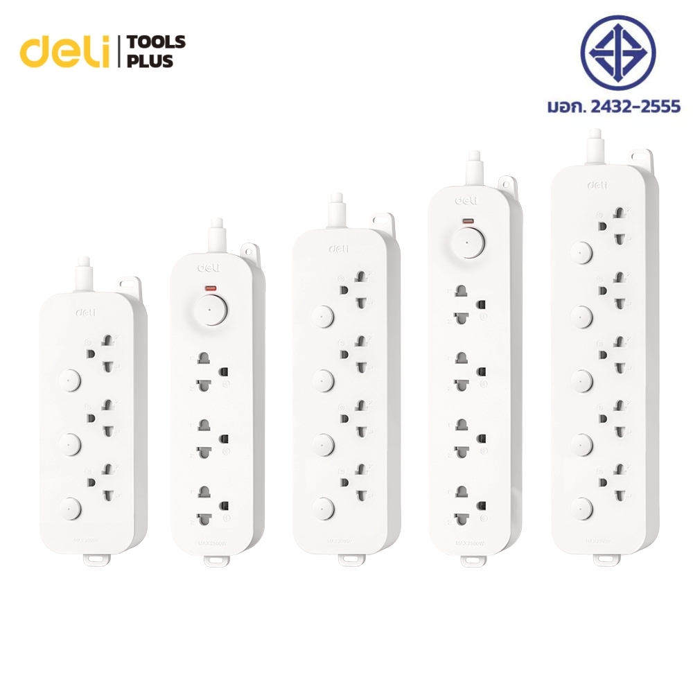 Deli ปลั๊กพ่วง ปลั๊กไฟ ปลั๊กสามตา USB Type A/C 12W 2300W ทนความร้อน 750°C ช่องห่าง 42mm แพ็กเกจแขวนได้ Socket