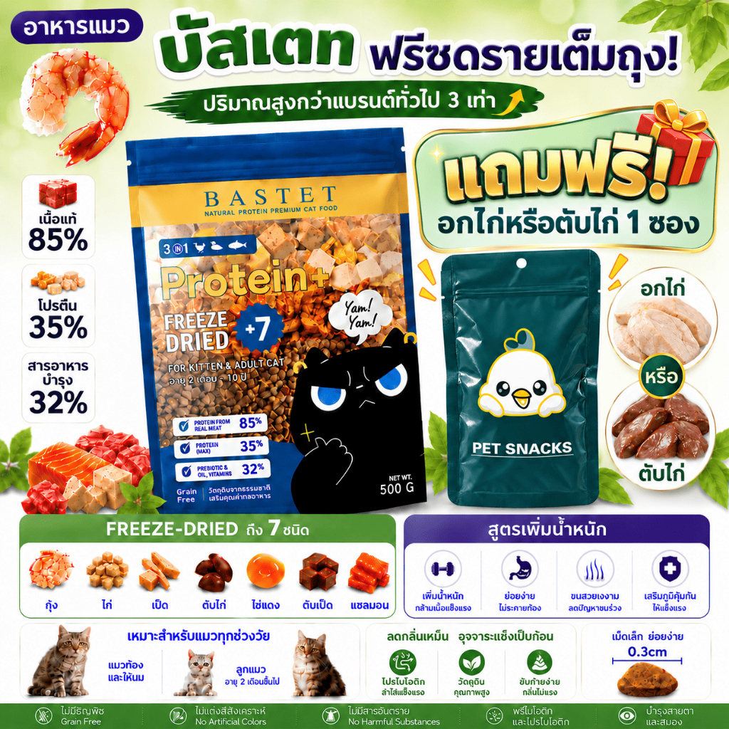 แถมฟรี!ขนมแมว อาหารแมวบัสเตท 1 ถุง (500g) (แมวท้องแมวเด็กกินได้)