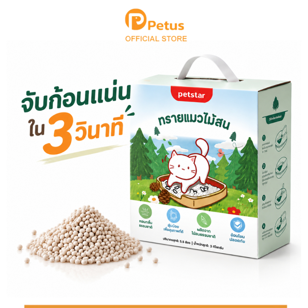 Petus ทรายแมวไม้สน 5.5L เม็ด 3มม. จับตัวเป็นก้อน ฝุ่นน้อย ดับกลิ่น ไม่ติดเท้า Cat Litter