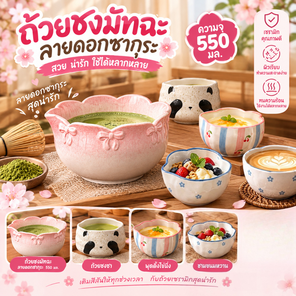ถ้วยชงมัทฉะ สีดอกซากุระ  ถ้วยชงชา  chawan matcha  550ml พุดดิ้งไข่นึ่ง  ชงชา  ชามขนมหวานถ้วยกาแฟนม