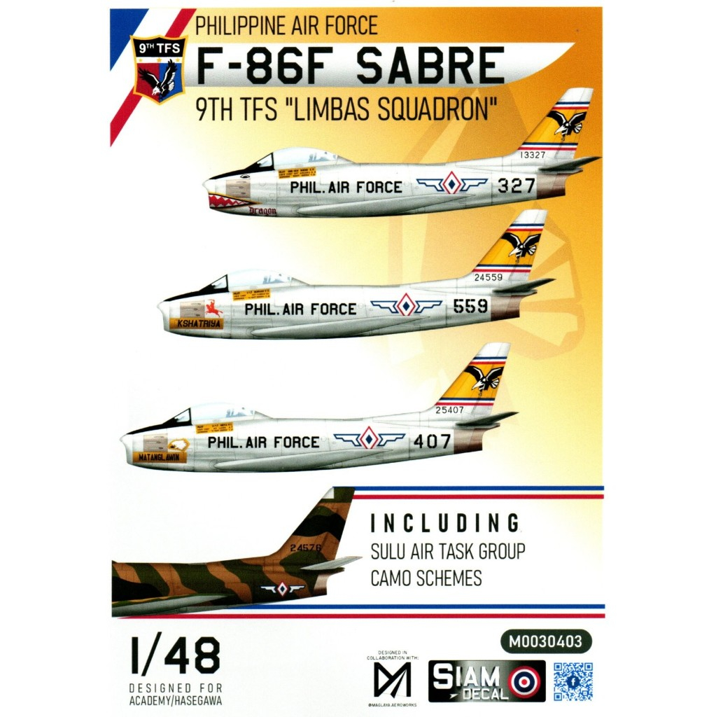 DECAL (รูปลอกน้ำ) Siam DECAL สเกล 1/48 PHILIPPINE AIR FORCE F-86F SABRE 9th TFS "LIMBAS SQUADRON"