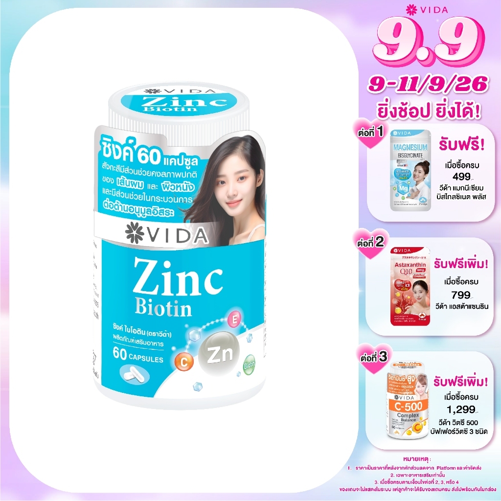 วีด้า ซิงค์ อเมริกา +ไบโอติน สิว ผิว ผม 60 แคปซูล Vida Zinc Biotin 60 Capsules