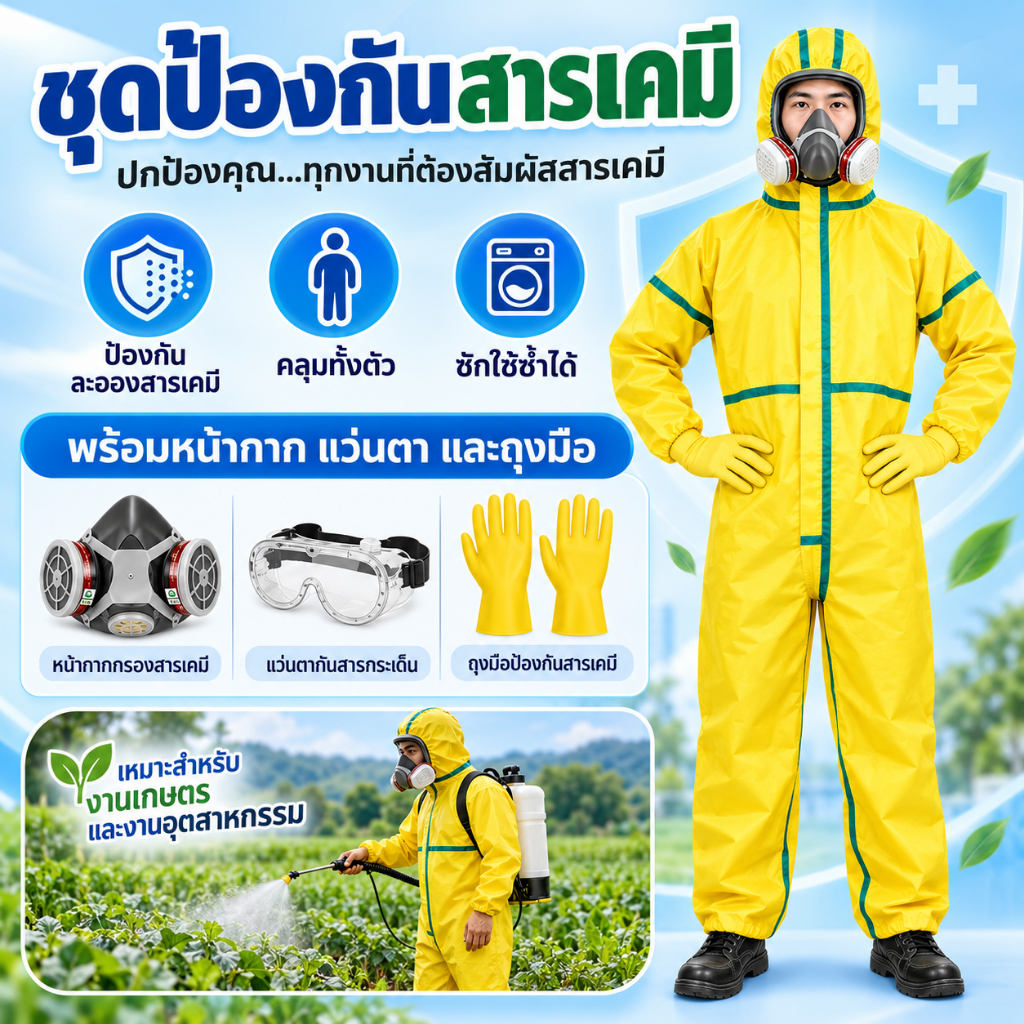 🔥ชุดป้องกันสารเคมี ซักได้🔥 ชุดคลุมศีรษะสำหรับงานพ่นยาเกษตร ป้องกันฝุ่น กรด-ด่าง และสารเคมีอันตราย พร้อมส่ง