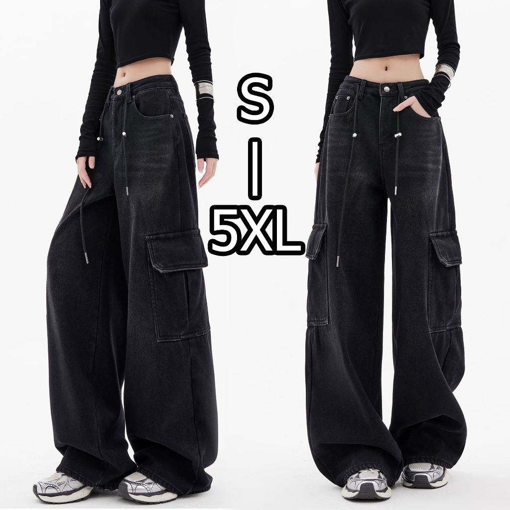 Plus Size~Cargo Long jeans Black กางเกงยีนส์คาร์โก้ขากว้างสีดำ สำหรับผู้หญิง เอวสูง มีสายรัดเอว กระเป๋าข้างหลายช่อง HOT