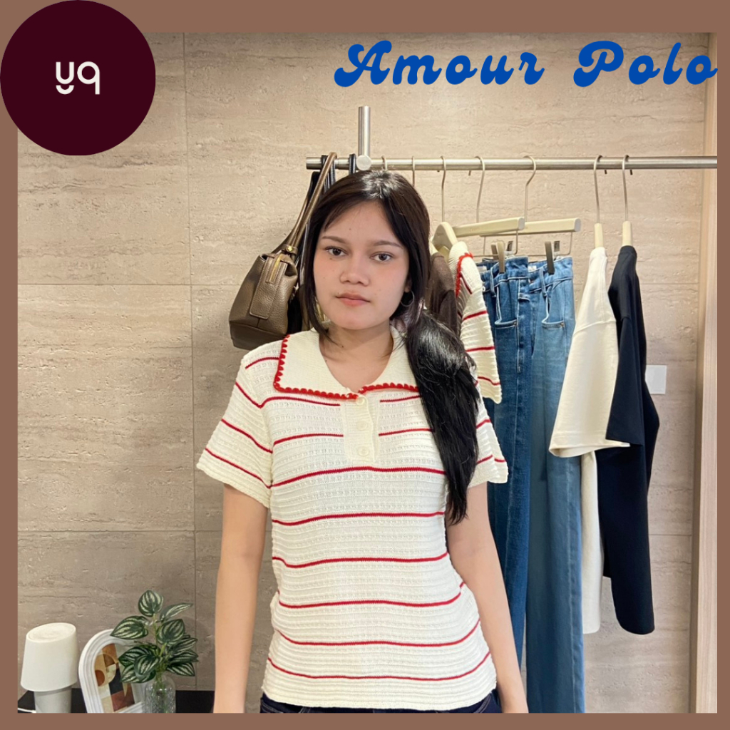 C227 YQKOREANSHOP Amour Polo เสื้อโปโลผ้ามีเทกเจอร์สีขาวเดินด้ายแดง ป้ายYQ