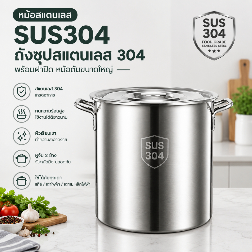 ถังซุปสแตนเลส 304 พร้อมฝาปิด หม้อต้มสแตนเลสทรงสูง หม้อสต๊อกขนาดใหญ่ 2 หูจับ สำหรับร้านอาหารและครัว