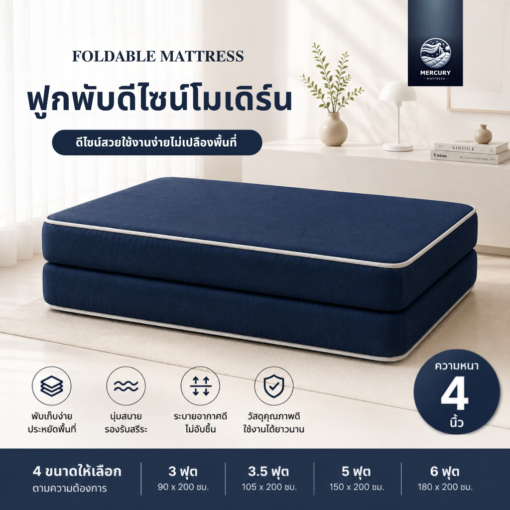 Mercury Mattress ฟูกพับอเนกประสงค์ หนา 4 นิ้ว พับ 2 ท่อน เก็บได้ เบาะนั่งพื้น ฟูกนอนปิกนิก ฟูกนอนพับได้ ประหยัดพื้นที่