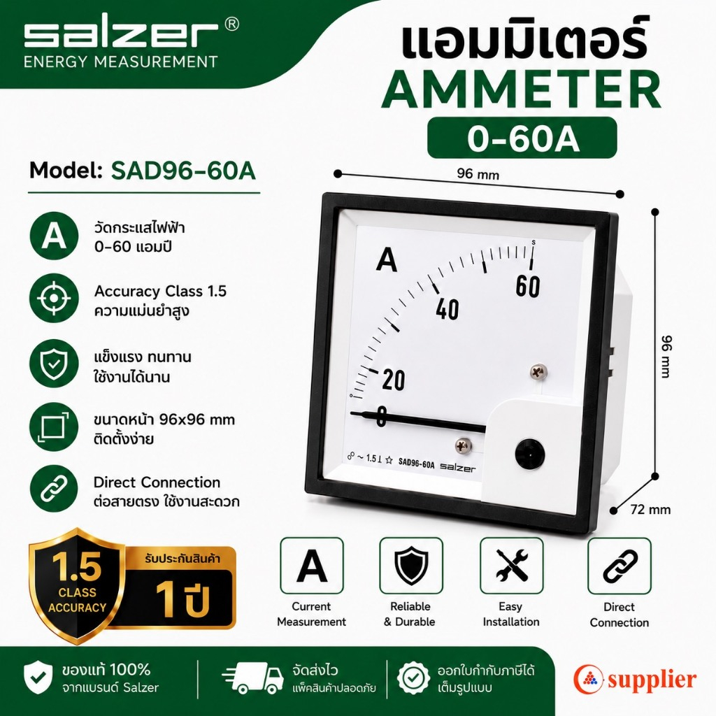 "Salzer" SAD96-60A แอมป์มิเตอร์ Direct Connection 60A ขนาด 96x96 mm