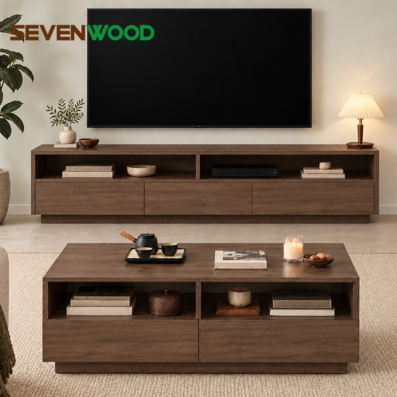 SEVENWOOD ตู้วางทีวี ตู้ทีวี ชั้นวางทีวี โต๊ะวางทีวี สีวอลนัท มี 3 ลิ้นชัก 2 ช่องเปิด รูร้อยสายไฟ ฐานติดพื้นมั่นคง