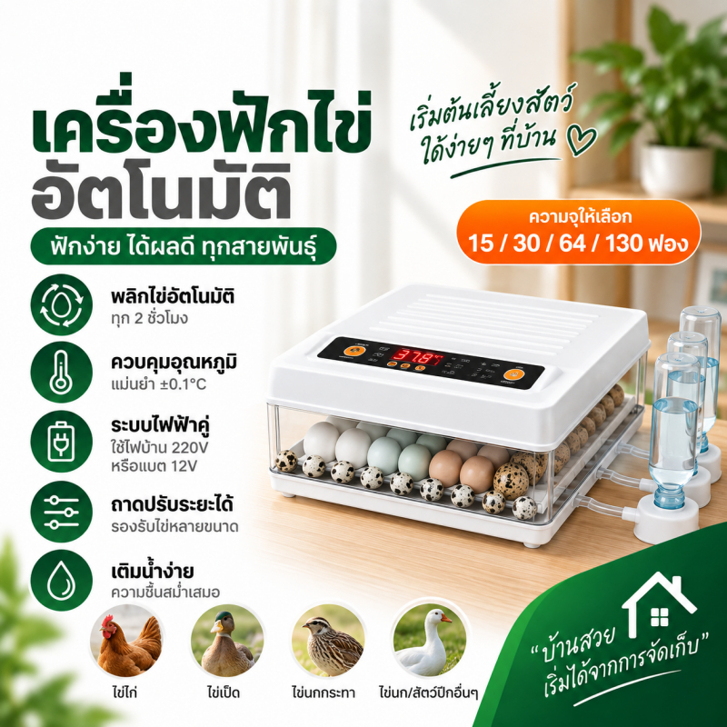 เครื่องฟักไข่อัตโนมัติ 15/30/64/130 ฟอง ตู้ฟักไข่ ระบบพลิกไข่ออโต้ 220V/12V ฟักไข่ไก่ ไข่เป็ด ไข่นกก