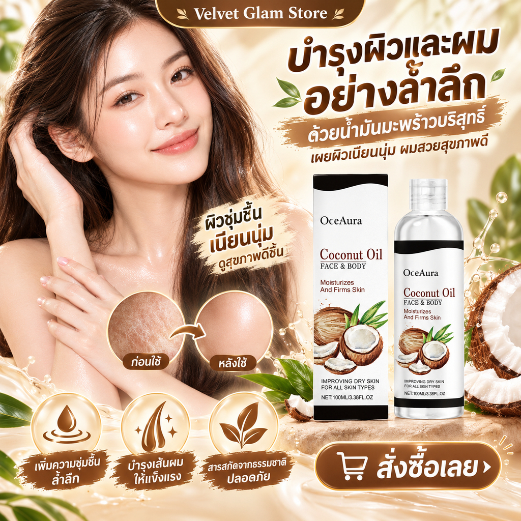 OceAura น้ำมันมะพร้าว Coconut Oil น้ำมันบำรุงผิว บำรุงผิวชุ่มชื้น ทาผิวแห้ง ใช้ได้ทั้งหน้าและตัว