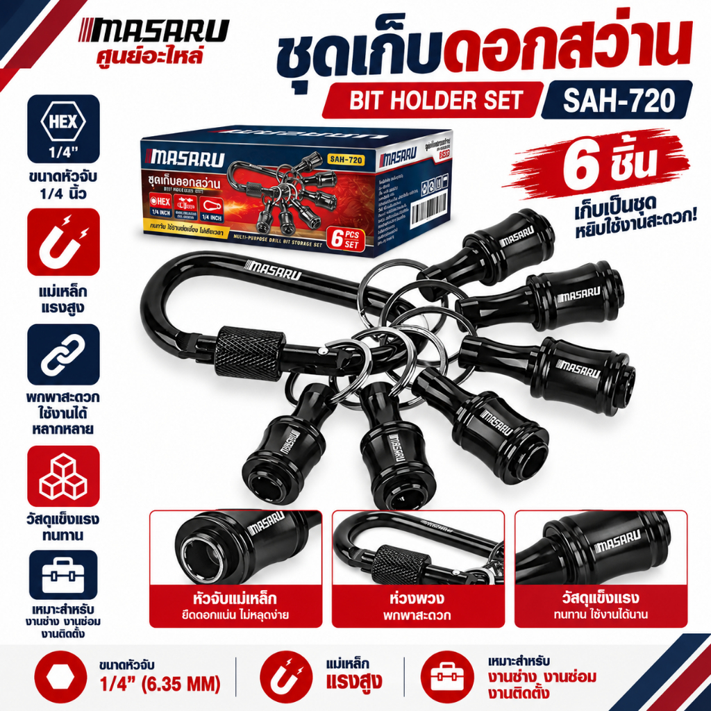 [อะไหล่เสริม] MASARU ชุดเก็บดอกสว่าน SAH-720/SAH-735 แบบหกเหลี่ยม พวงกุญแจเก็บดอกสว่านพกพา ขนาดเล็ก ดอกไขควง 1/4 นิ้ว